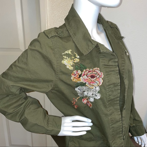Military Green Embroidered Rose Jacket Cargo Utility Ashley by 26 International - Picture 4 of 10